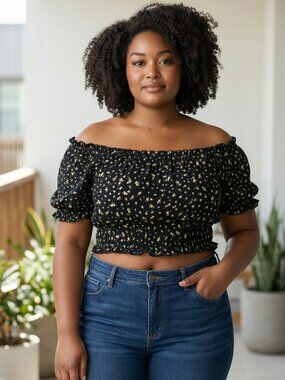 Black Floral Off Shoulder Puff Sleeve Crop Top Size Medium